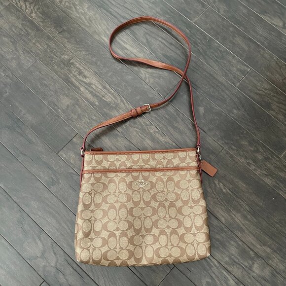 Coach Handbags - Coach Signature C File Khaki & Brown Canvas Crossbody Bag